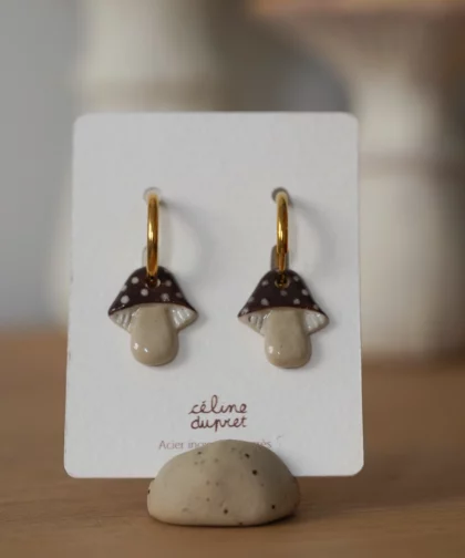 Boucles d'oreilles champi marron
